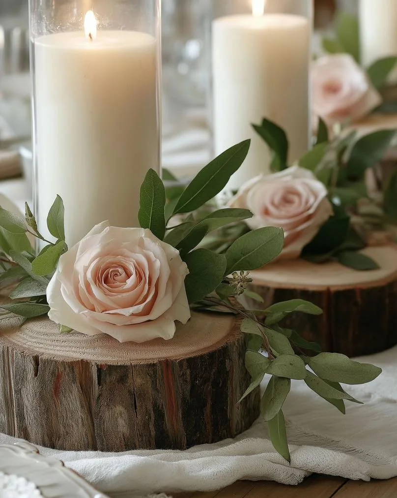 Roses poudrées et bougies sur rondins de bois